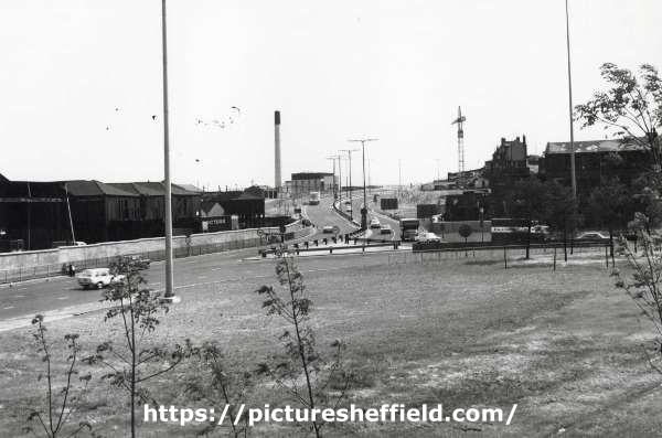 Park Square roundabout looking towards (centre) the Parkway showing the environmental waste incinerator on Bernard Road and (left) the Canal Basin warehouses