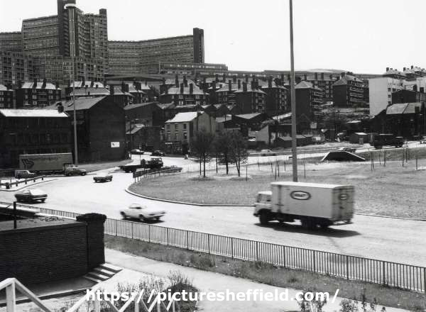 Park Square roundabout showing (top left) Hyde Park flats and (centre) Bard Street flats