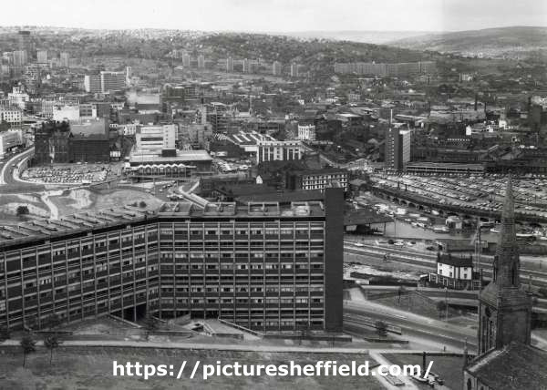 View from Hyde Park Flats showing (left) City Centre, (centre) Sheffield Markets and the Canal Basin and (back) Martin Street and Kelvin Flats