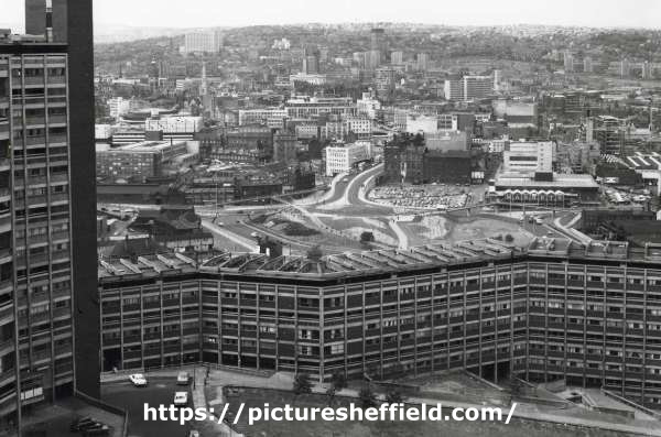 Panoramic view looking towards City Centre and Netherthorpe from Hyde Park Flats showing (centre) Park Square roundabout, (top left) Royal Hallamshire Hospital and (right) Sheffield Markets