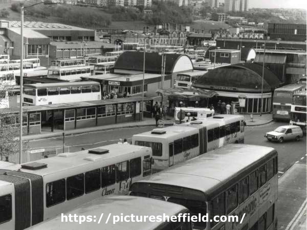 View over Pond Street bus station showing (top left) Sheaf Valley baths, (top centre) Norfolk Park Flats and (top right) Sheffield Midland railwaystation
