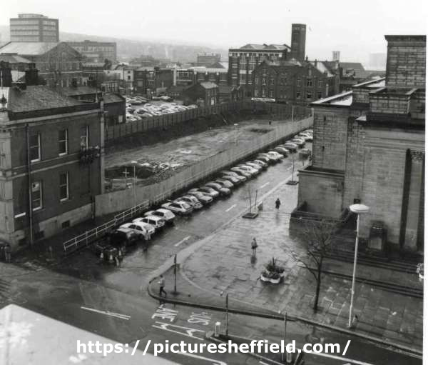 View over Barkers Pool showing (left) Cambridge House and the development site for the National Union of Mineworkers HQ, (centre) Holly Street and (right) the City Hall