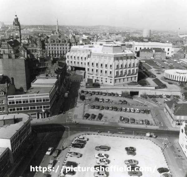 View of (left) Norfolk Street at the junction of (bottom left) Union Street, (centre) Charles Street showing (top centre) Town Hall Extension (also known as the Egg Box (Eggbox)) and (top right) Central Library and Graves Art Gallery