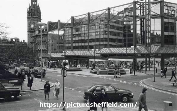 Junction of (foreground left) Balm Green, (centre) Barkers Pool and (centre right) Burgess Street showing (centre) the Gaumont Development and Odeon Cinema