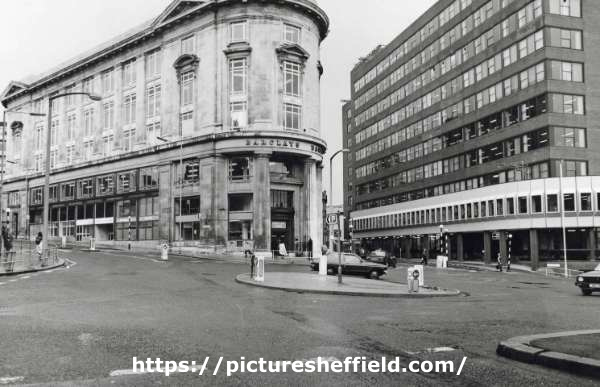 Barclays Bank (formerly Martins Bank), Telephone Buildings, corner of West Street and Pinfold Street showing (right) Steel City Plaza