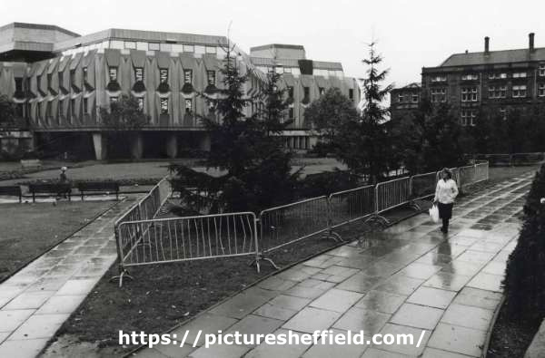 Peace Gardens and display of Christmas trees showing (top left) the Town Hall Extension (also known as the Egg Box (Eggbox)) and (right) St. Paul's Parade