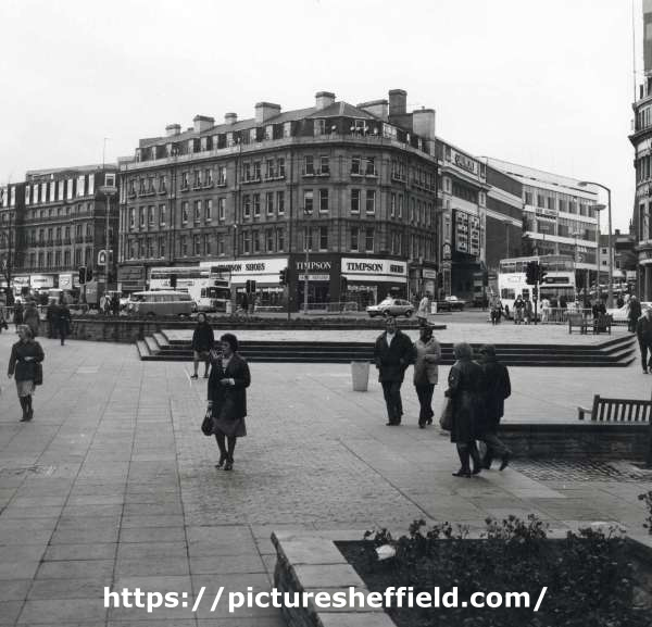Fargate looking towards (left) Pinstone Street and (right) Barkers Pool showing (centre) Nos. 2 - 6 (Pinstone Street) William Timpson Ltd. 