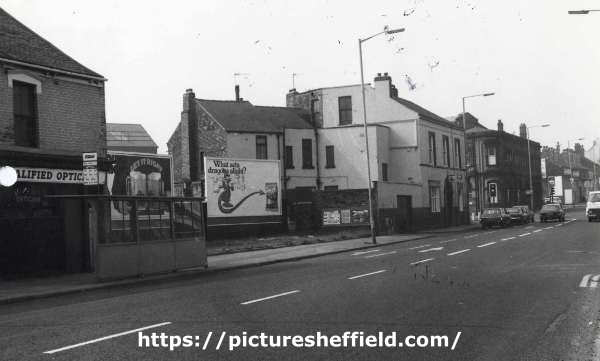 Attercliffe Road showing (left) Nos. 862 - 864 Ernest B. Giles, optician and No. 838 Golden Ball public house, No. 838 Attercliffe Road