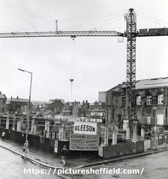 Construction of Flockton Court Flats, junction of (left) Devonshire Street and (right) Westfield Terrace showing (right) the former Mount Zion Congregational Chapel