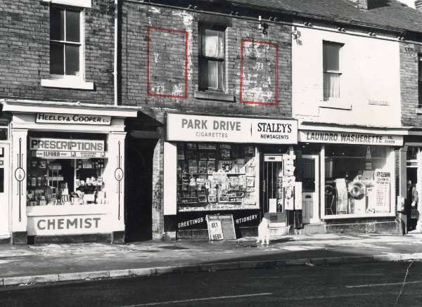 Shops at Heeley showing (l.to r.) No. 4 Heeley and Cooper Ltd., chemists and No. 2 Staley's, newsagents, Forster Road and Laundro Washerette, No. 148 Gleadless Road