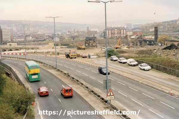View of Parkway and (centre) restoration work on Sheffield and South Yorkshire Navigation showing (left) Sheaf Works, former premises of Thomas Turton and Sons and (top right) Bernard Road waste incinerator