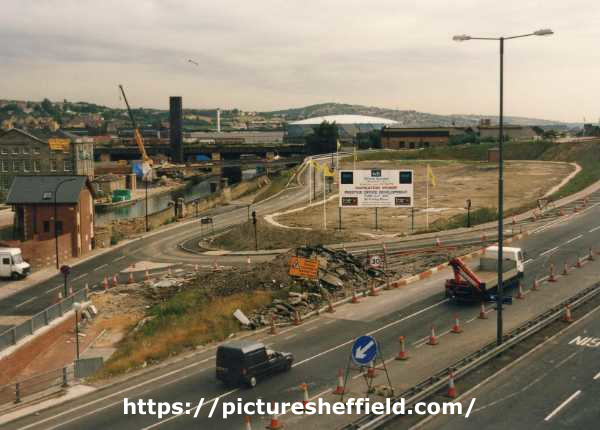 View of Parkway showing (left) South Quay Drive and the restoration work on Sheffield and South Yorkshire Navigation and (left) proposed site for Navigation House offices