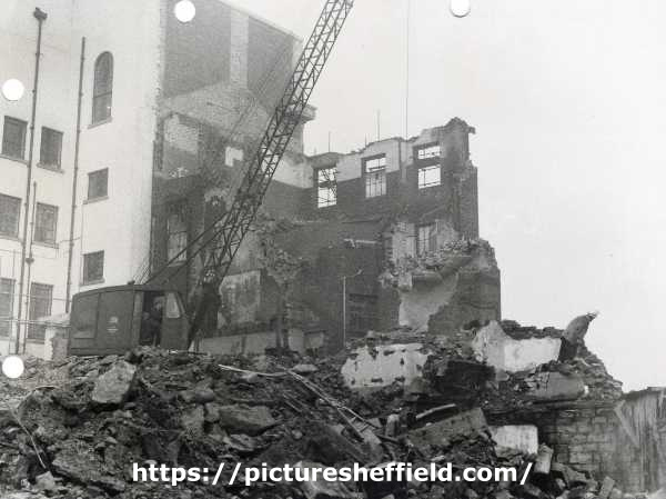 Demolition of Surrey Street United Methodist Chapel showing (top left) the Central Library