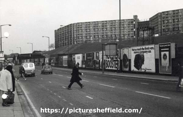 Advertising hoardings on Sheaf Street showing (top) Park Hill Flats