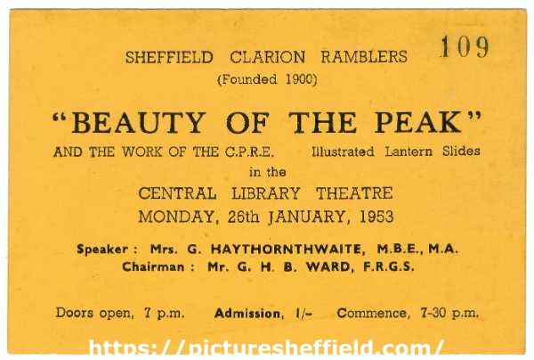 Sheffield Clarion Ramblers 'Beauty of the Peak and the work of the CPRE', entrance ticket