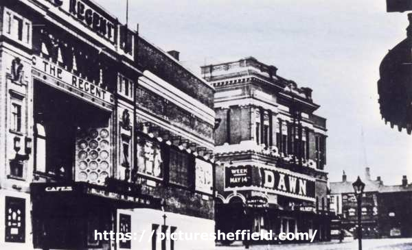 The Regent Cinema (latterly the Gaumont and Odeon cinemas) (left) and (right) the Albert Hall, Barkers Pool