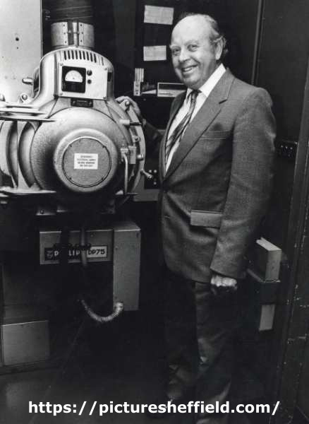 Les Allen, manager, in projection room of  ABC Cinema, Angel Street