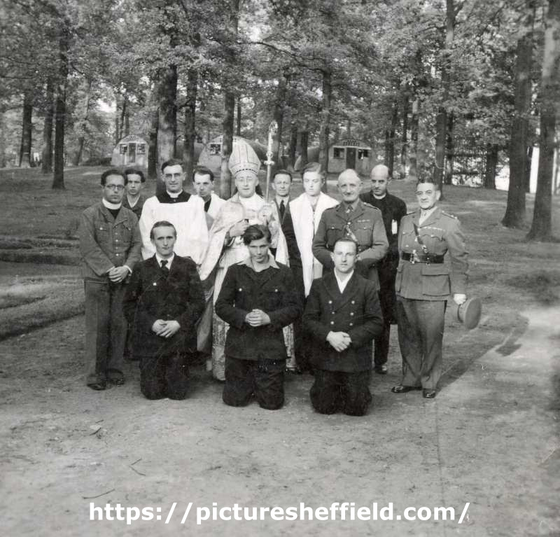 Visit of Archbishop of Nottingham and British military officers to probably Norton prisoner of war camp 174, Cuckney, near Mansfield, Nottinghamshire