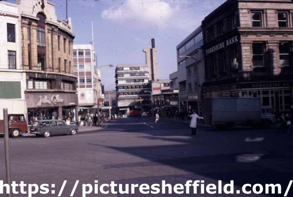 Junctions of (left) High Street (centre) Haymarket (right) Commercial Street and (foreground) Fitzalan Square showing (back centre) Castle Market