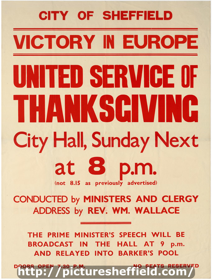 Victory in Europe - united service of thanksgiving, City Hall, Sunday next at 8 p.m.