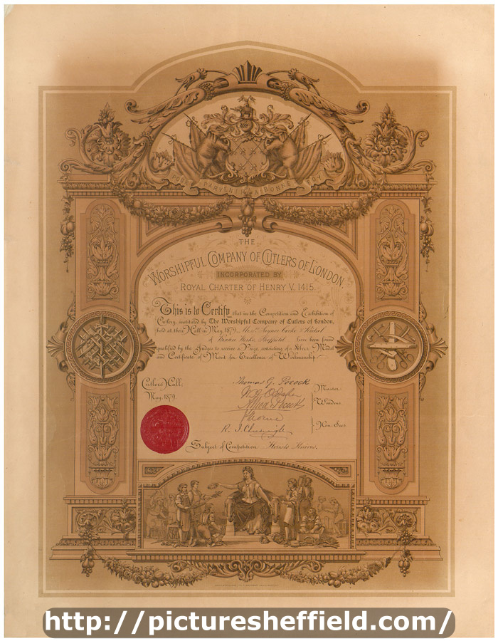 Competition and exhibition of cutlery - certificate of awards given to Saynor, Cook and Ridal of Rivelin Works, Sheffield