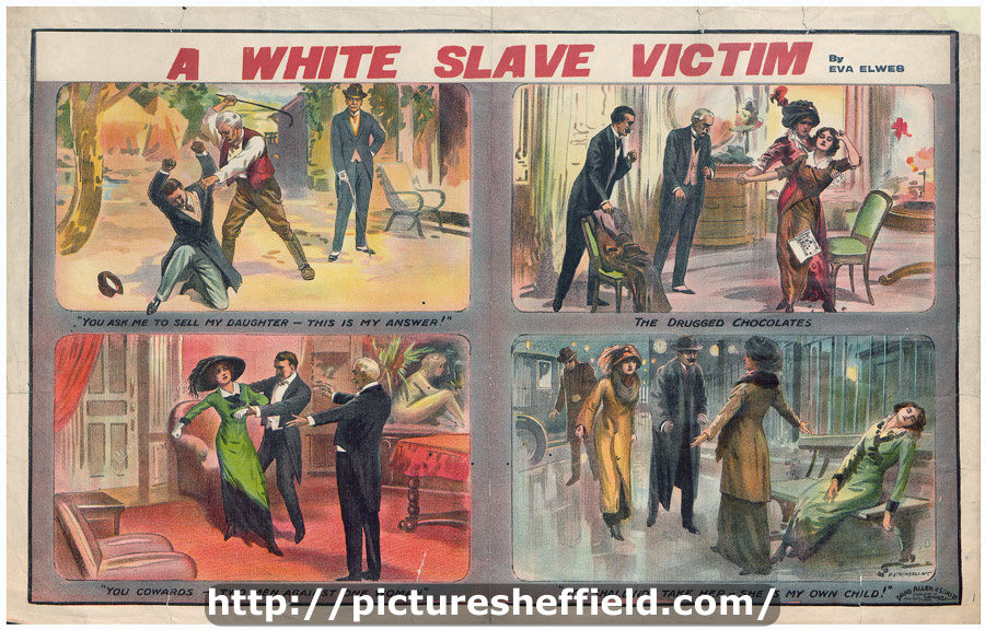 Poster advertising 'A White Slave Victim' by Eva Elwes and showing at the Alexandra Theatre on October 28th and week and August 11th and week 