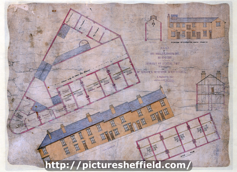 Plan of eight houses, shop, slaughterhouse and out-buildings to be built in Johnson Street and Livingstone Street, Wincobank for Mr Maycock, Butcher, c. 1871