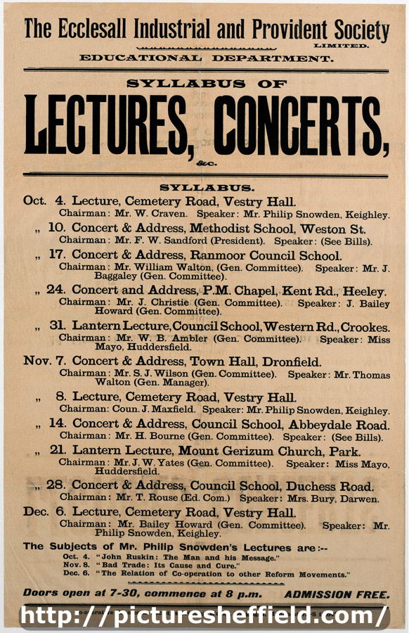 Ecclesall Industrial and Provident Society Ltd Education Department - syllabus of lectures and concerts, etc.