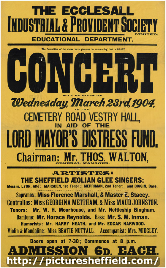Ecclesall Industrial and Provident Society Ltd Education Department - Grand Concert In aid of Lord Mayor's distress fund, 23rd March, 1904
