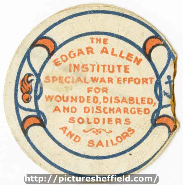 World War One pin badge - Edgar Allen Institute, Sheffield - special war effort for wounded, disabled and discharged soldiers and sailors (reverse)