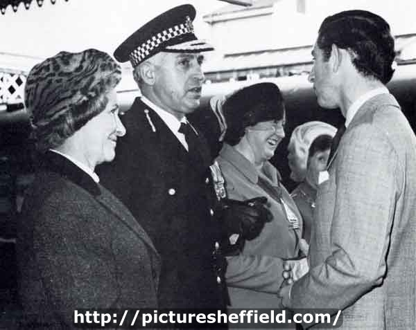 South Yorkshire Police: Prince Charles, is met by the Chief Constable Mr J.H. Brownlow QPM and Mrs Brownlow on his visit to Sheffield