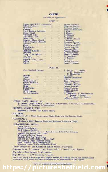 Cast list, etc., of Pageant of Victory by L. du Garde Peach, presented at the City Hall, 23rd-28th July, 1945