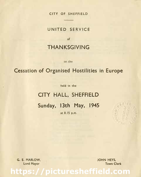Cover of programme for the united service of thanksgiving on the cessation of organised hostilities in Europe