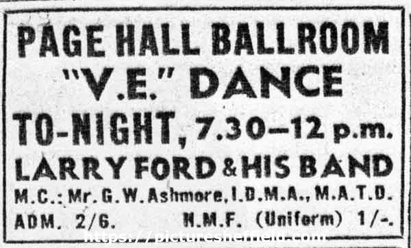 Advertisement for V.E Dance at Page Hall Ballroom