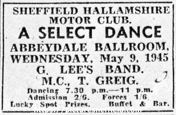 Advertisement for [V.E Day] Select Dance, Sheffield Hallamshire Motor Club, Abbeydale Ballroom