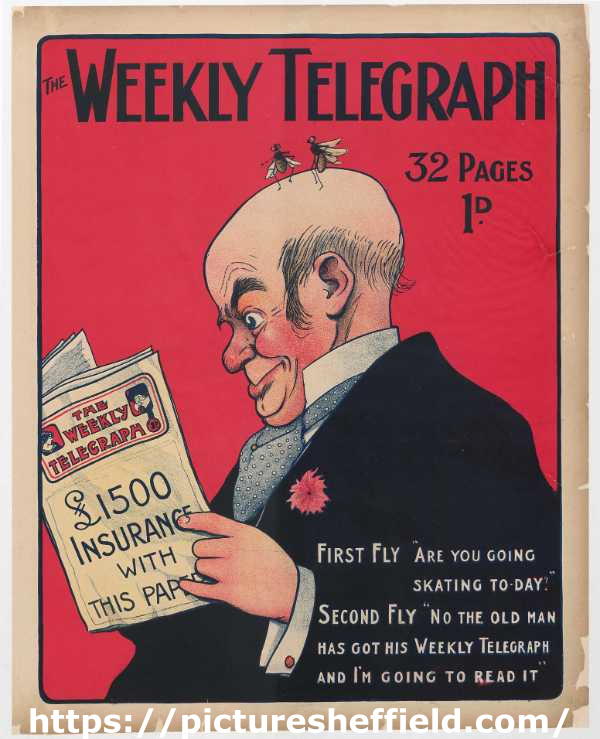 Sheffield Weekly Telegraph poster: First fly: Are you going skating today. Second fly: No the old man has got his Weekly Telegraph and I'm going to read it