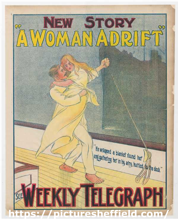 Sheffield Weekly Telegraph poster: New story, A woman adrift