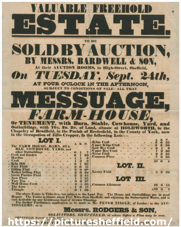 Bill advertising the sale by auction of the farm and land of Ellis Crapper, of Holdworth, in the chapelry of Bradfield