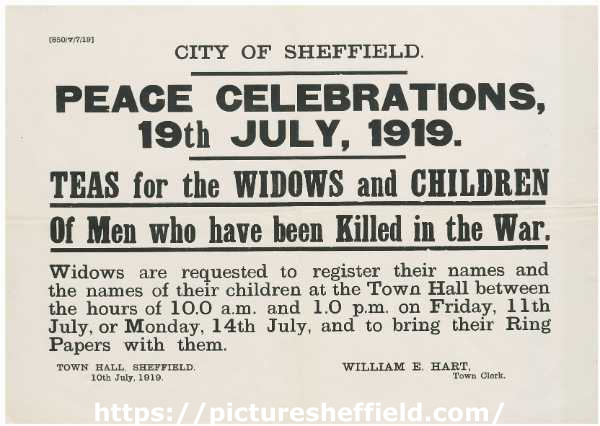 Sheffield Peace celebrations, teas for widows and children