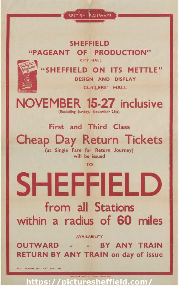 British Railways poster advertising tickets to Sheffield's Pageant of Production (and Sheffield on its Mettle exhibition)