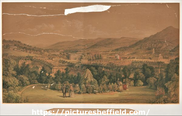 Valley of the Don, by William Ibbitt: An artist's impression of the Upper Don Valley, showing the housing, St. Philip's Church, the Infirmary, growing industry and surrounding countryside