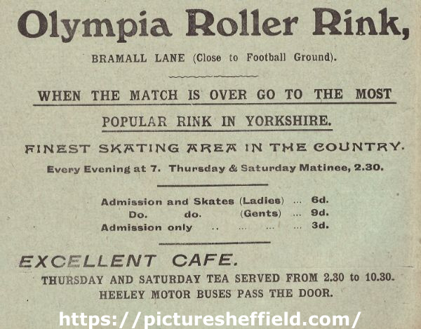 Advertisement for Olympia Roller Rink, Bramall Lane