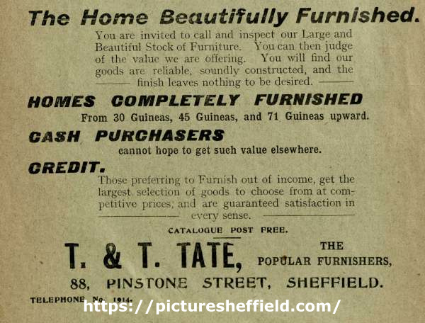 Advertisement for T. and T. Tate, house furnishers, No. 88 Pinstone Street