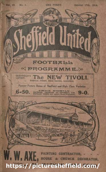 Cover of Sheffield United programme with advertisements for The New Tivoli Cinema, Norfolk Street and W. W. Axe, painting contractors, No. 96 Machon Bank Road