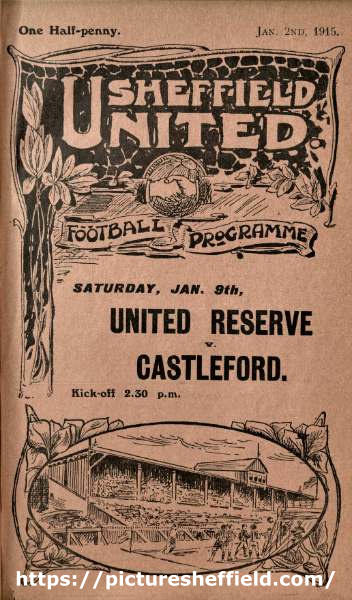 Cover of programme for forthcoming match, Sheffield United Reserve FC v. Castleford FC, Saturday, 9th January [1915]