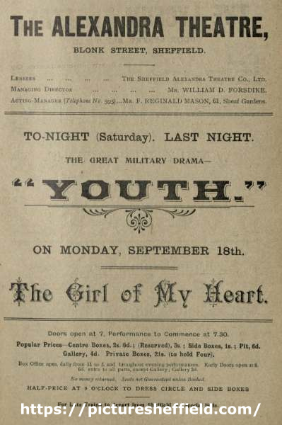 Advertisement for the last night of the great military drama 'Youth', Saturday, 16th September and 'The Girl of my Heart', Monday 18th September, Alexandra Theatre, Blonk Street
