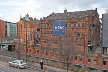Elevated view of Riverside Exchange Flats; Castle House; former Hancock and Lant Ltd., originally multi-storey stables and River Don from Castle Market Traders Entrance