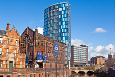 View East along River Don from Lady's Bridge towards Blonk Bridge showing Royal Exchange Flats; Castle House; former premises of Hancock and Lant Ltd. and IQuarter Apartments; Park Inn (formerly Hotel Bristol) and Hilton Hotel formerly S