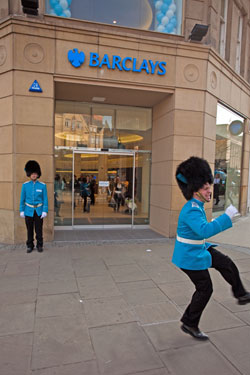 Street performers outside Barclays Bank, Nos. 2-6, Pinstone Street 