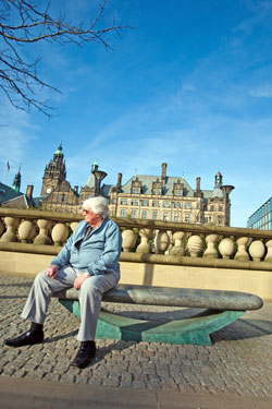 Time to sit awhile outside the Peace Gardens with the Town Hall in the background